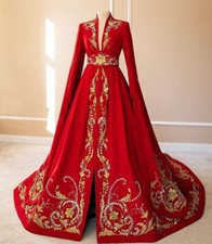 Red High Neck Muslim A-line Wedding Dress Long Sleeve Applique Bridal Gown
