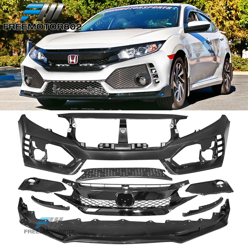Fits 16-21 Honda Civic Type-R Style Front Bumper Cover + Glossy Grille + Lip