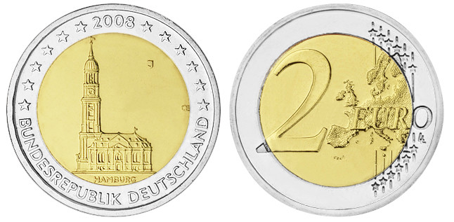 BRD 2 EURO MICHAELIS-KIRCHE 2008 MÜNZZEICHEN J BANKFRISCH