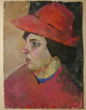 Ukrainian Soviet Oil Painting girl portrait postimpressionism red hat  