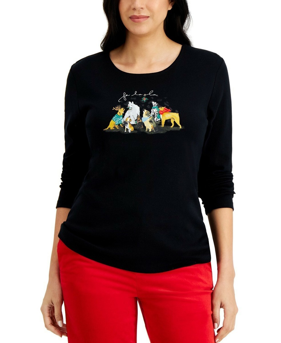 Karen Scott Petite Holiday Dog-Print Top black shirt Petite