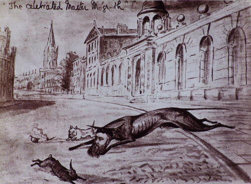 ANTIKE KARIKATUR ~ MASTER JOHN RICHARD MAGRATH ALS WINDHUND ~ QUEEN COLLEGE OXFORD