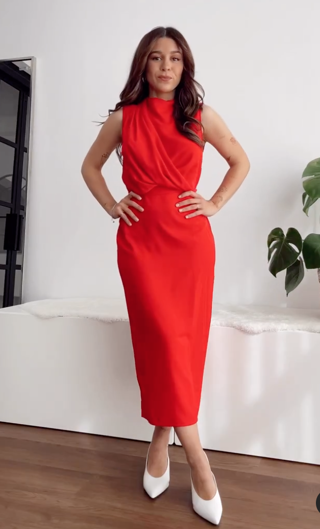 紅 NEW ZARA 2023 RED MIDI DRESS WITH DRAPED DETAIL SIZE S 7969
