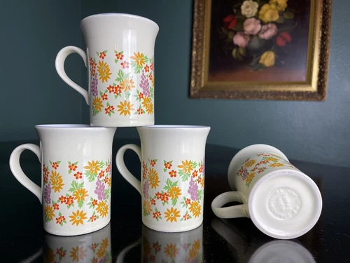 Vtg MCM KILN CRAFT (set of 4) Tea Cups Coffee Mugs Floral Staffordshire England