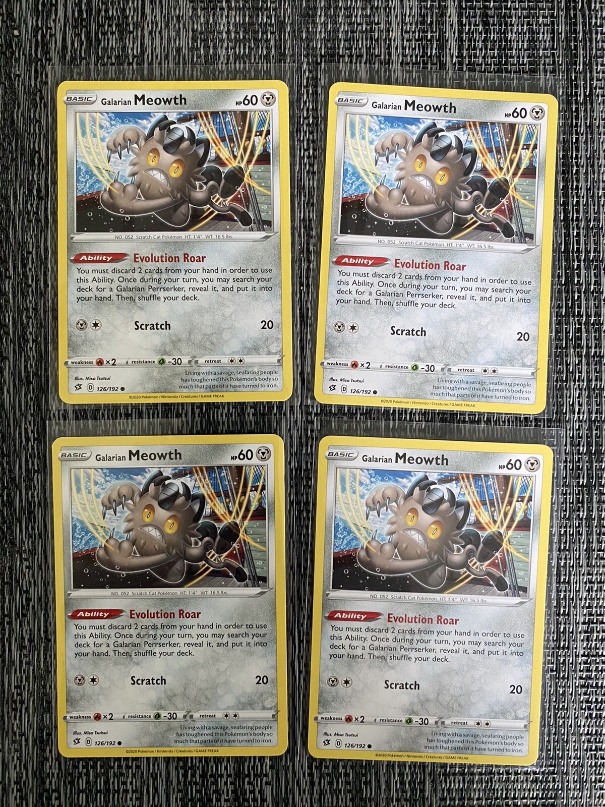 Pokemon Cards 4x Galarian Meowth 126/192 Playset Rebel Clash NM/M