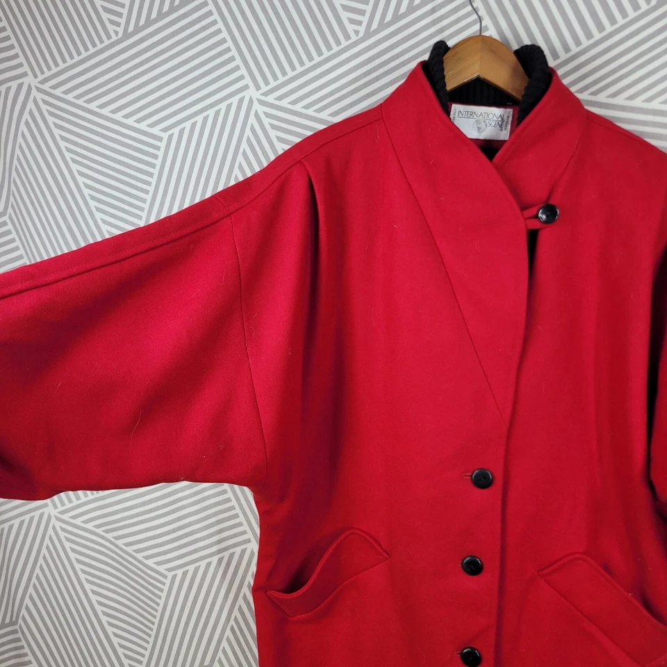 Vintage Wool Coat Size 12 Medium Large Winter Classic Red Dolman Art To Wear - Image 3 of 4