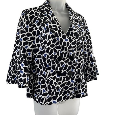 Sandro Jacket Womens Petite Large Animal Print Ruffle Blue Black White Layered