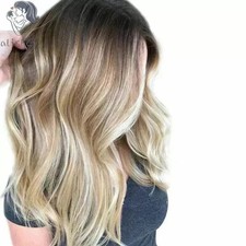 Human Hair New Women's Long Natural Brown Mix Blond Wavy Wig 20 Inch