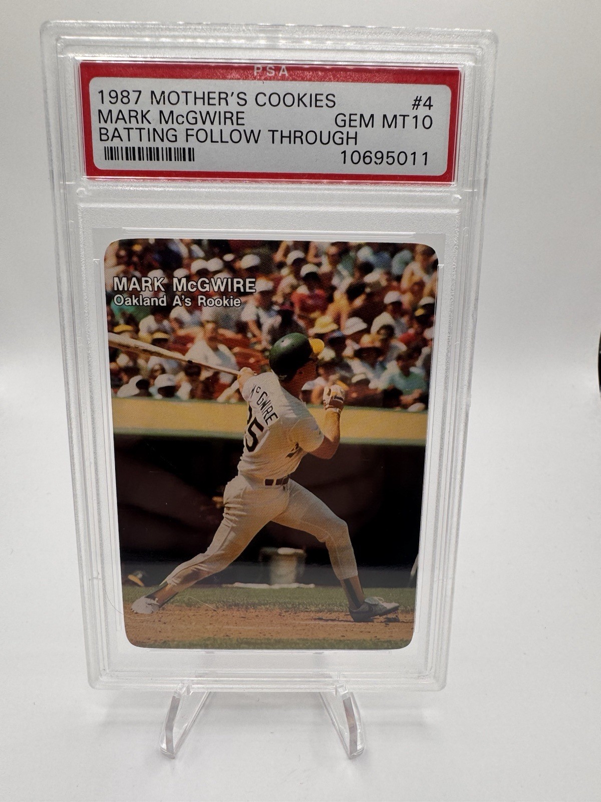 1987 Mother’s Cookies Mark McGwire #4 PSA 10 GEM MT Batting Follow Through A’s view 3