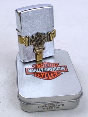 Zippo HARLEY DAVIDSON Lighter, Brass BOOTSTRAP, Original Tin Box, Vintage, 1998
