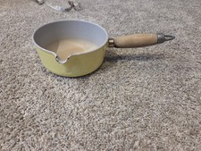 Vintage Enamelware Over Cast Iron Yellow Saucepan With Spout & Wooden Handle MCM