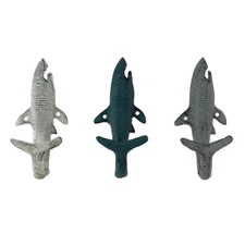 Set of 3 Cast Iron Shark Wall Hooks in Blue, Gray, White – 5.25 Inches High -...