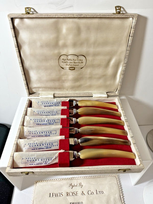 Vintage Lewis Rose & Co. Sheffield Buffalo Horn 6 Pc Steak Knife Set Pristine