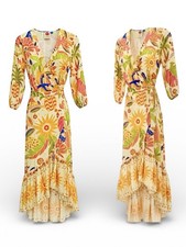 Farm Rio by Anthropologie Wrap Ruffled Hem Multicolor Floral High Low Dress M