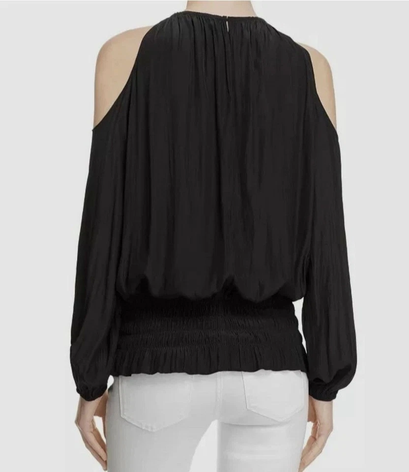 Camisa Ramy Brook Mujer XS Negra Hombro Frío Cintura Ajustada Manga Larga Blusa Foto 3 de 4