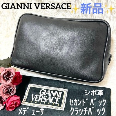 Gianni Versace Medusa Leather Clutch Bag Black Embossed Gold Zip 27cm Italy