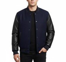 Varsity Letterman Baseball Bomber Navy Wool Black Leather Retro Sports Jacket