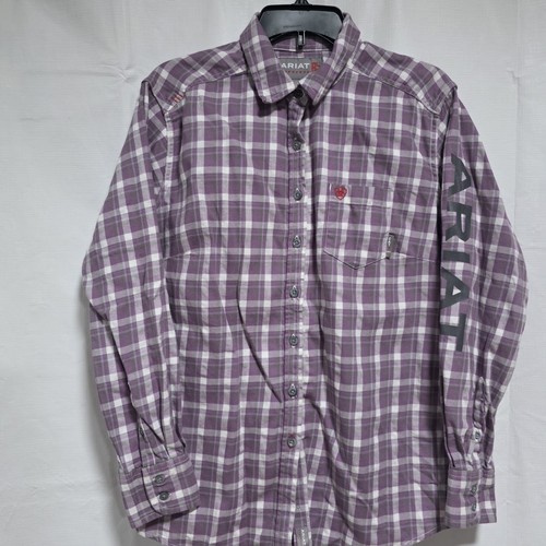 Ariat Flannel Shirt Womens L CAT2 2112 FR Purple Plaid Embroidered Logo Workwear - Picture 2 of 14