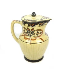Vintage Mid Century Art Deco Japanese Pitcher Brown & Black Hand Painted Lidded