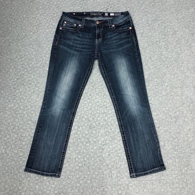 Miss Me Jeans Womens 30 Blue Mid Rise Easy Crop Embellished Pockets Straight Leg
