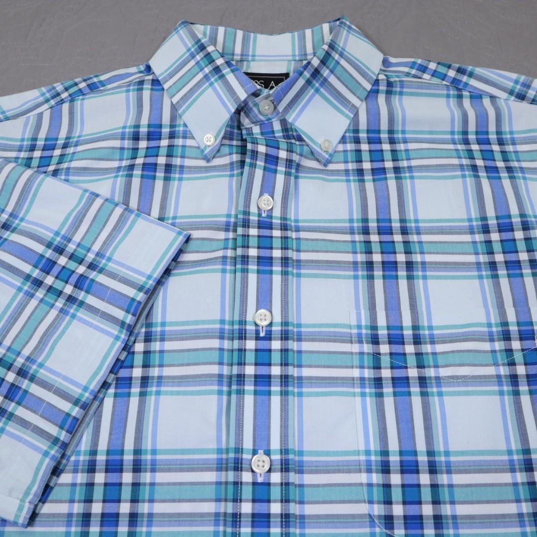 Jos A Bank Shirt Mens Large Blue Plaid Traveler Short Sleeve Button Down Casual