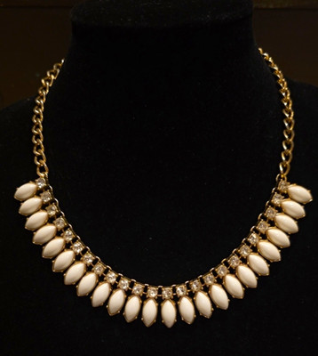 Vintage Gold-Tone White Ivory Marquise Cabochon Collar Necklace