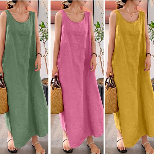 Women Sleeveless Vest Tank Long Dress Ladies Summer Solid Cotton Maxi Gown - Picture 19 of 27