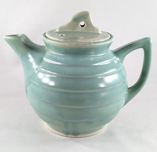 Shawnee Pottery Teapot, Green With Deco Style Ring Design, 3 Cups