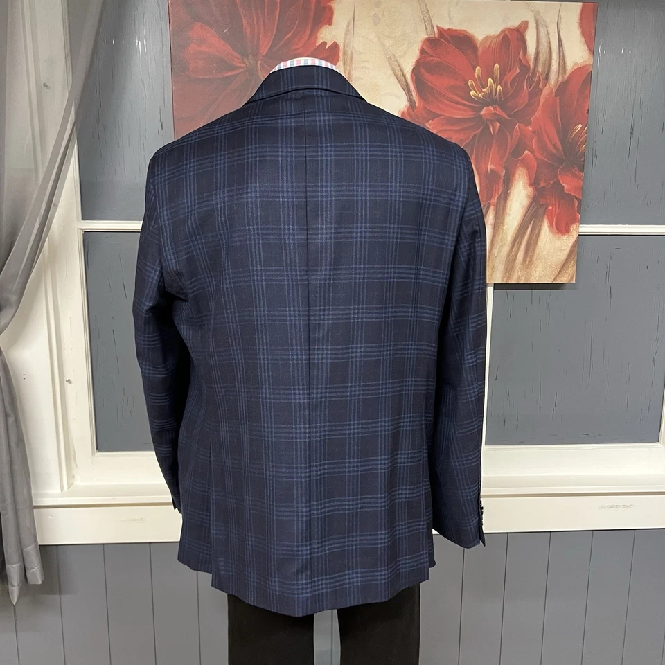Jos A Bank Blazer Jacket Sport Coat Mens 50L Long Tailored Fit Wool Navy Plaid - Image 3 of 4