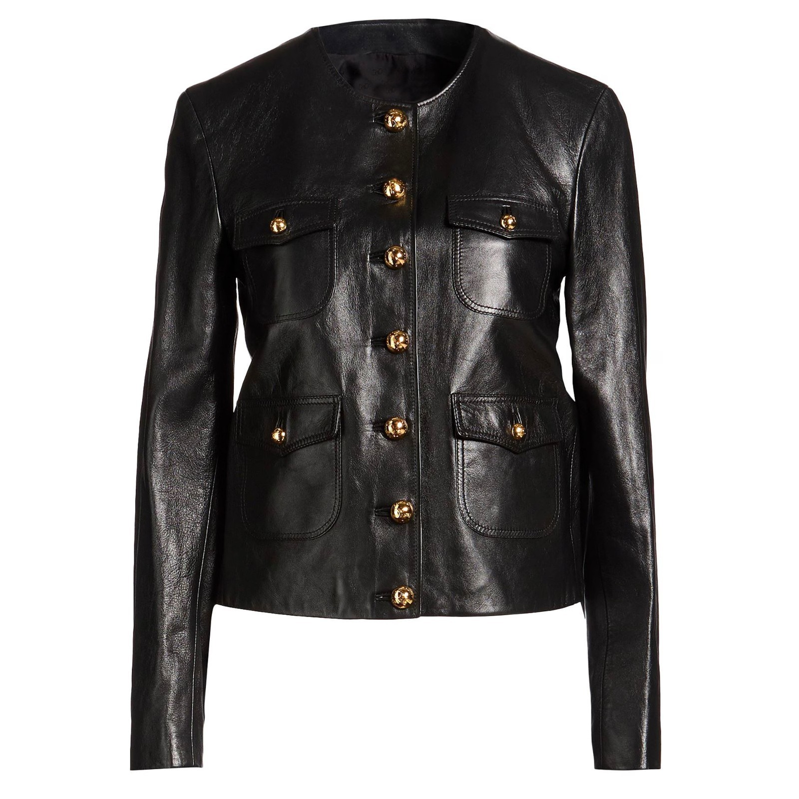 Women Genuine Leather Military Black Jacket Gold Button Patch Pocket Coat