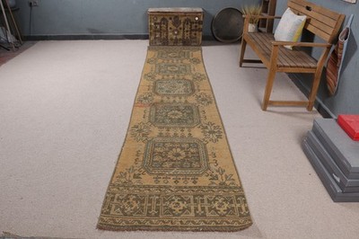 Vintage 2,7x11,4 ft Rug, Turkish Rug, Brown Bordered Rug Wool