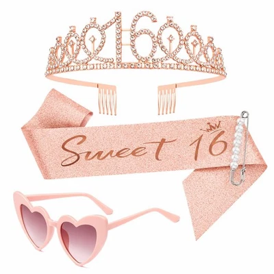 Lot de 16 décorations d'anniversaire pour fille 16 écharpes et diadème rose ... - Photo 1/4