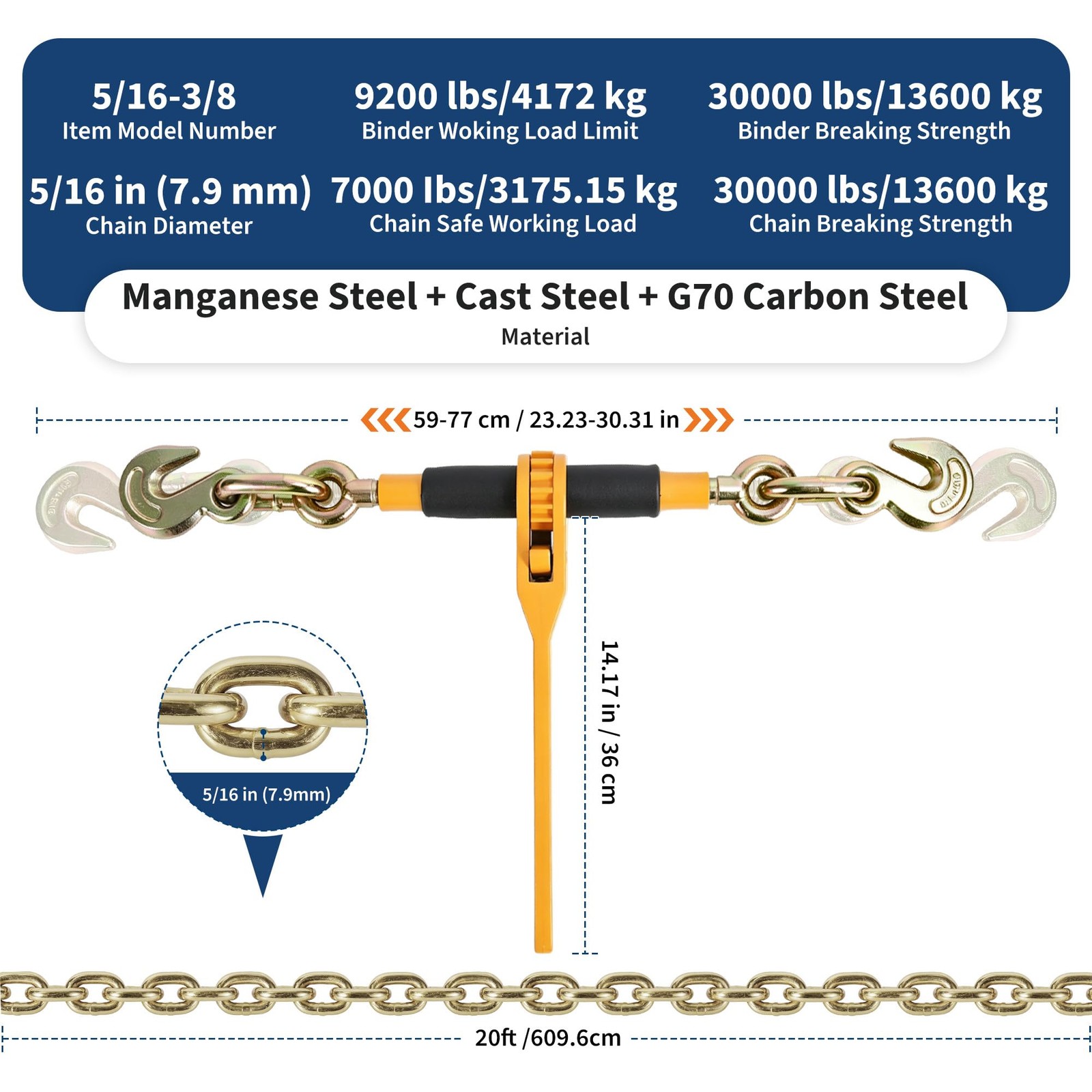 2PCS Chain Load Binder 3/8"-5/16" 3/8"-1/2" Ratchet Binders 10/20ft G80 Chain