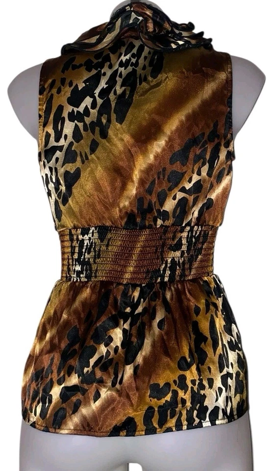Top retro Y2k para mujer marrón leopardo con volantes cuello caprichoso grunge coqueta talla M Foto 2 de 3