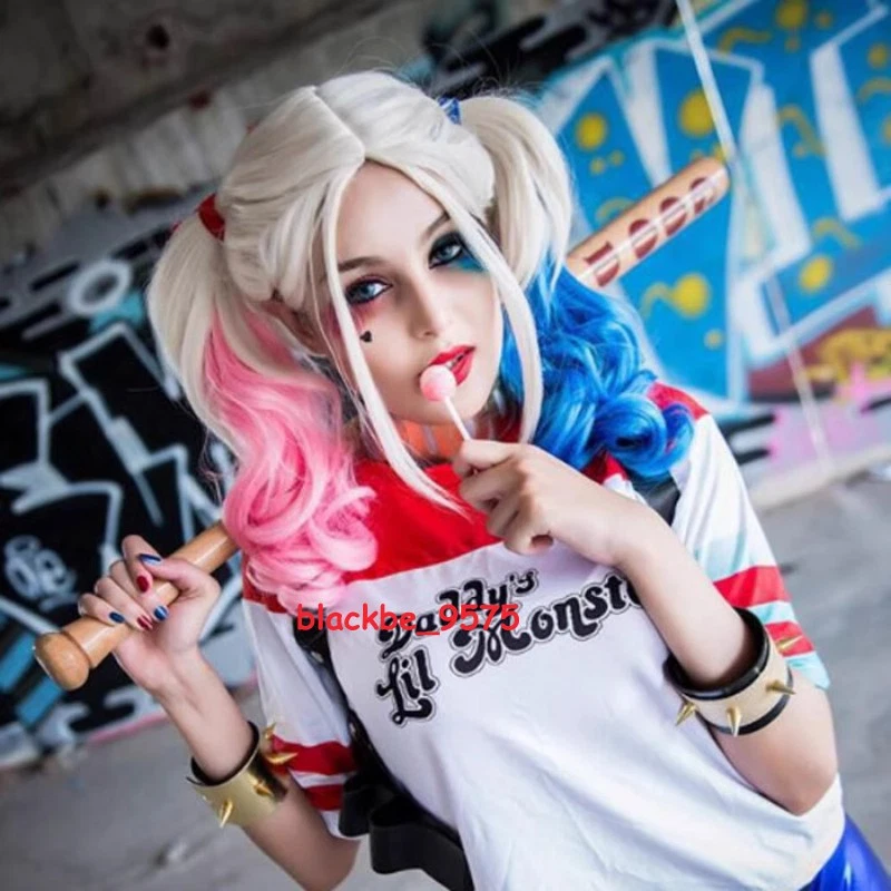 Pelucas de utilería de cosplay Harley Quinn de la película Escuadrón Suicida azul rosa degradado cola de caballo  Foto 4 de 4