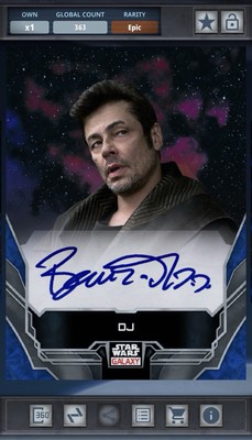 Star Wars Card Trader Galaxy Chrome Benicio Del Toro as DJ Signature Blue Iconic