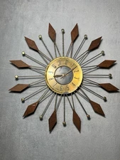 Mid Century Modern Atomic Starburst Wall. Clock, Wood And Brass Welby, Germany