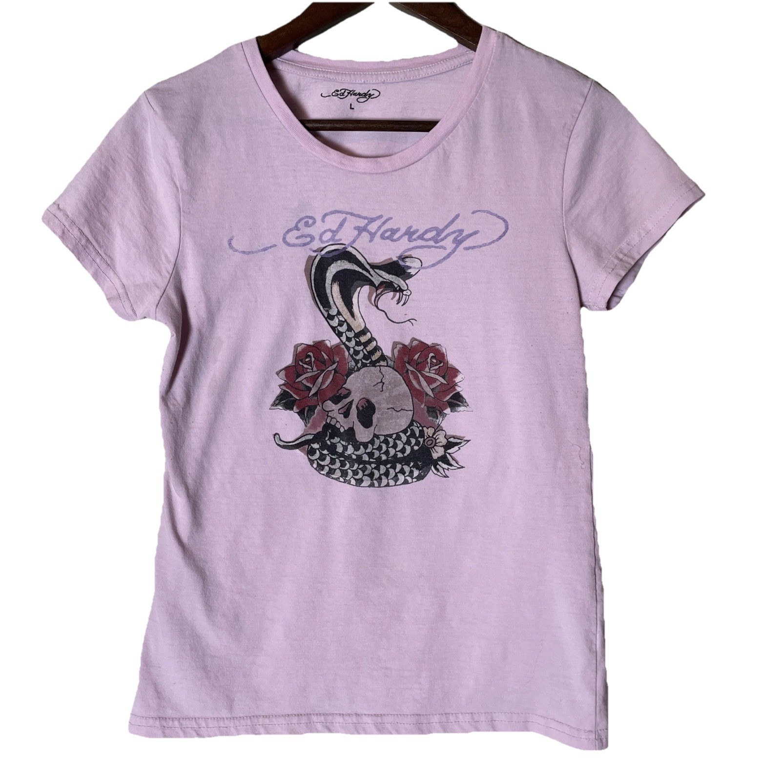 Ed Hardy Pink Cobra T-shirt Size L  Cotton Casual Snake Roses Skull Tattoo