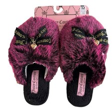 Juicy Couture Women's Slide Slippers Faux Fur Magenta Black Fluff Med 7/8