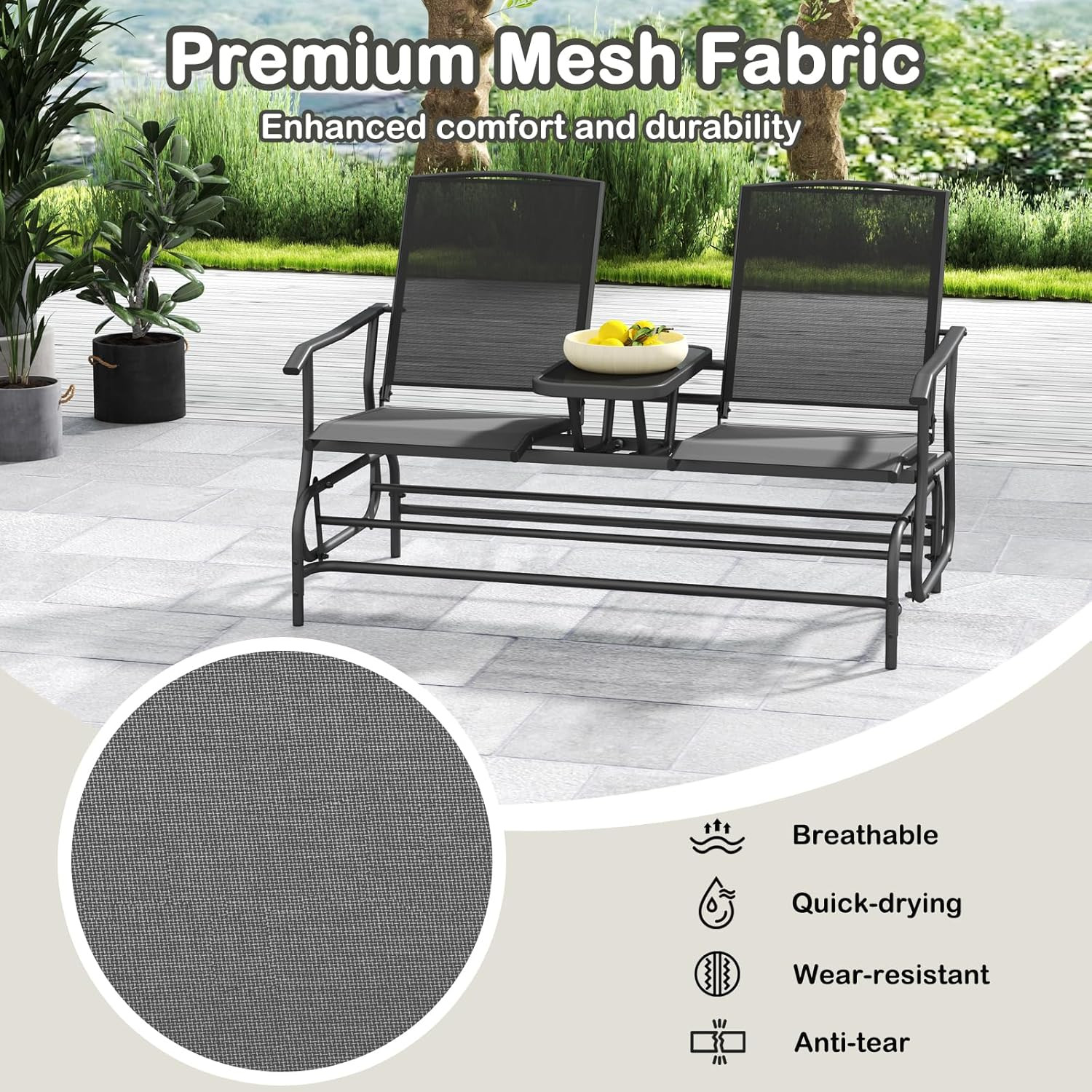 2 Person Swing Glider Chair, Patio Rocking Loveseat W/Center Tempered Glass Tabl