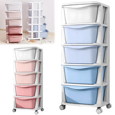 5 Drawers Rolling Storage Cart Lockable Wheels Plastic Mobile Utility Trolley UK