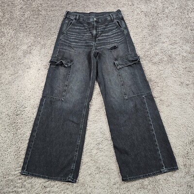 American Eagle Jeans Women 10 Black Wide Leg Baggy Cargo