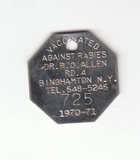 1970-71 BINGHAMPTON NEW YORK VACCINATED AGAINST RABIES TAG #725