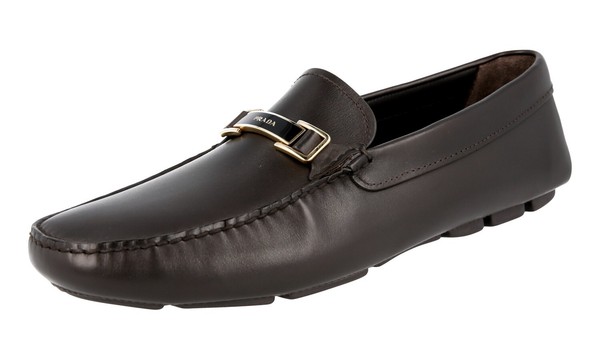 Prada Leder Driving Loafer Schuhe - 2DD163 - Braun Gold Logo - Neu - 8,5 42,5-image
