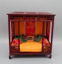 OOAK Artisan Dressed Asian Canopy Bed by Serna Johnson Dollhouse Miniature 1:12