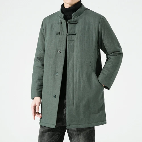 Abrigo acolchado retro de algodón y lino estilo chino con cuello alto para hombre - Imagen 12 de 13