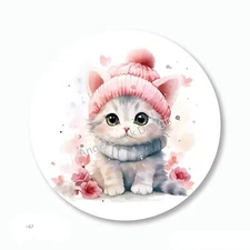 Winter Cat in Pink Hat Christmas Favors Scrapbook Stickers Envelope Seals Labels