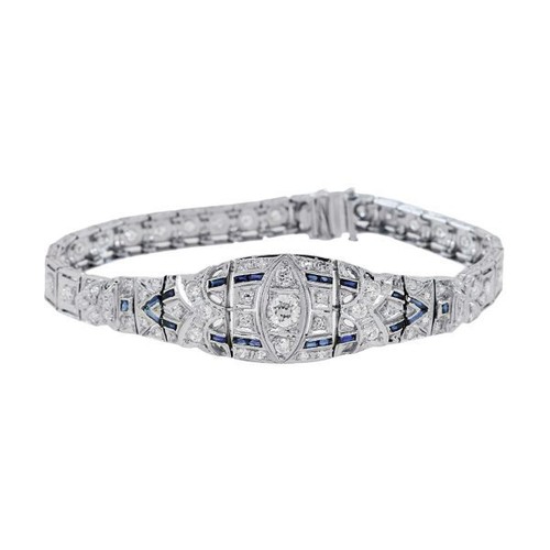 New Vintage Art Deco Bracelet 2ct Round Cut White & Sapphire in Solid 925 Silver