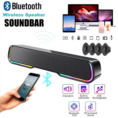 Surround Sound Bar 4 Speaker System Wireless BT Subwoofer TV Home Theater