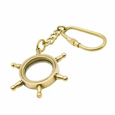 Brass Keychain Sailor Wheel Magnifying Key Ring with Screw Lock Carabiner - 4.5"